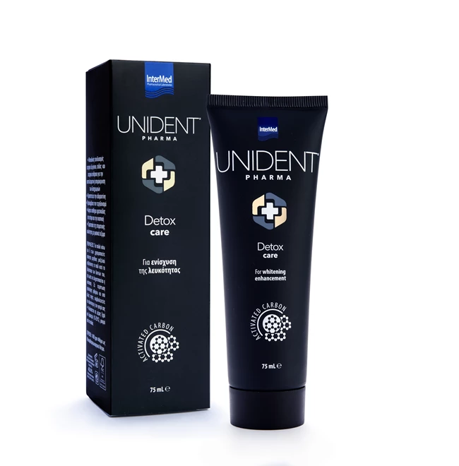 Συσκευασία της οδοντόπαστας UNIDENT PHARMA Detox Care της InterMed.
