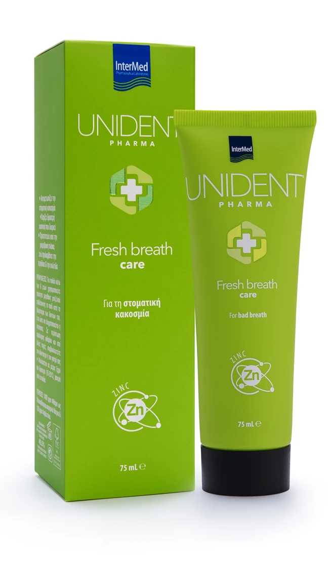 Συσκευασία της οδοντόπαστας UNIDENT PHARMA Fresh Breath Care της InterMed.