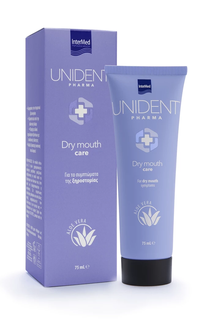 Συσκευασία της οδοντόπαστας UNIDENT PHARMA Dry Mouth Care της InterMed.