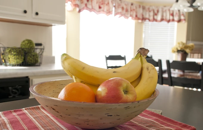 Fruit bowl in the kitchen stock photo