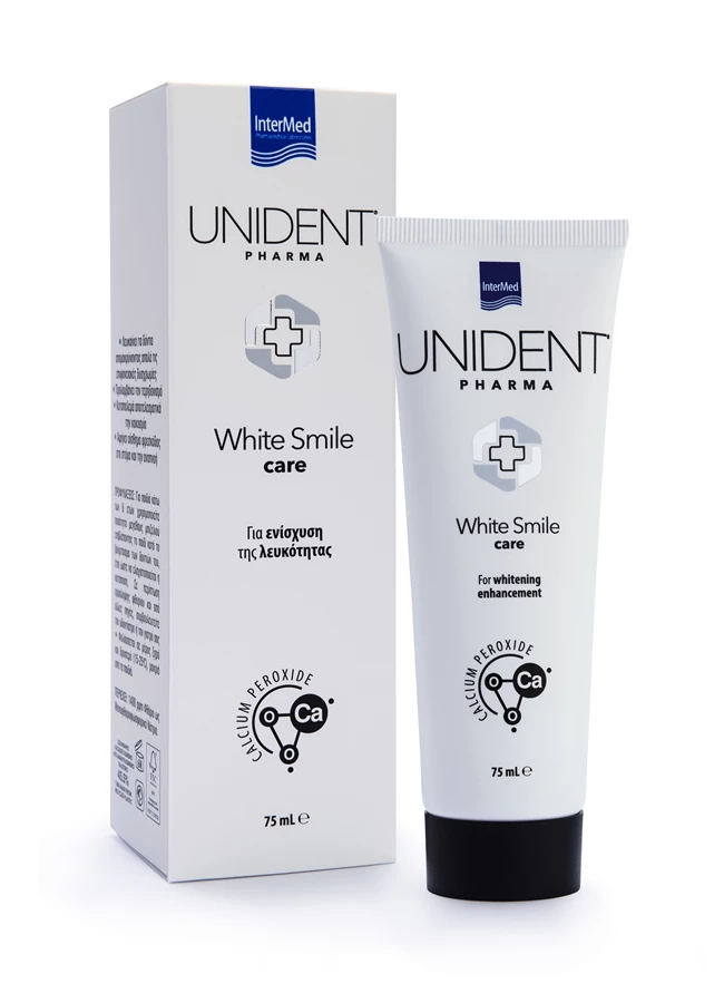Συσκευασία της οδοντόπαστας UNIDENT PHARMA White Smile Care της InterMed.