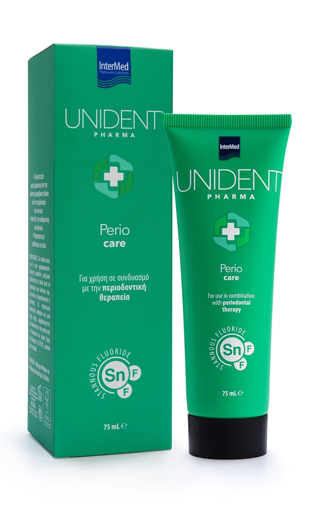 Συσκευασία της οδοντόπαστας UNIDENT PHARMA Perio Care της InterMed.