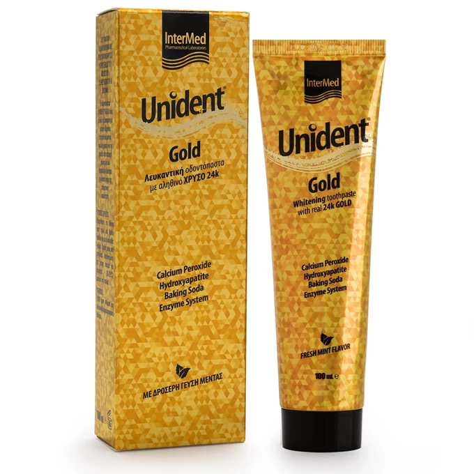 Συσκευασία του προϊόντος Unident® Gold Toothpaste της InterMed.