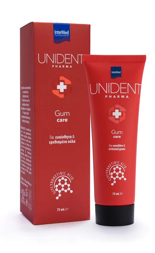 Συσκευασία της οδοντόπαστας UNIDENT PHARMA Gum Care της InterMed.