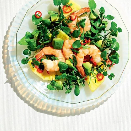 Γαρίδες στον ατμό με νεροκάρδαμο, μυρωδικά και ανανά - έτοιμες σε 35 λεπτά!