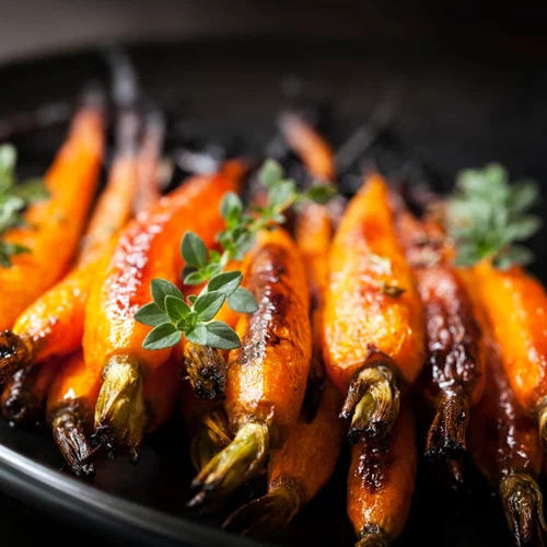 Ψητά καρότα και παστινάκια με σως miso σουσαμιού, μήλο και φιστίκι