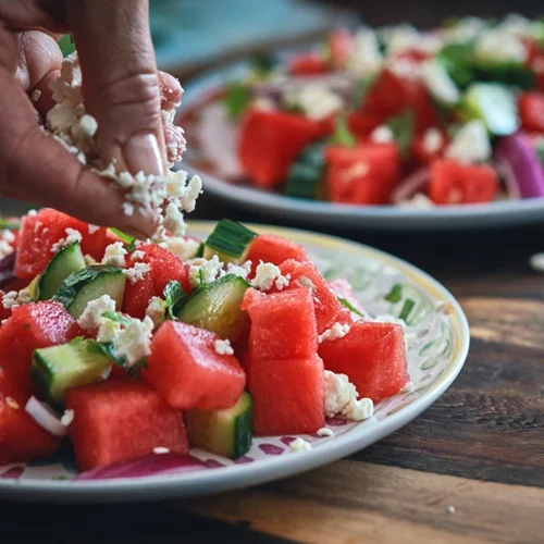 Σαλάτα με καρπούζι, αγγούρι και φέτα (87 θερμίδες)