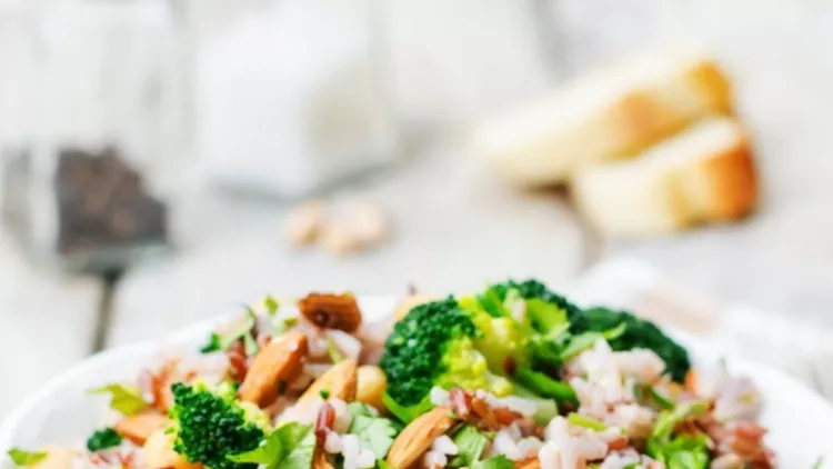 broccoli-chickpea-cilantro-almond-white-and-red-rice-picture-id499005604