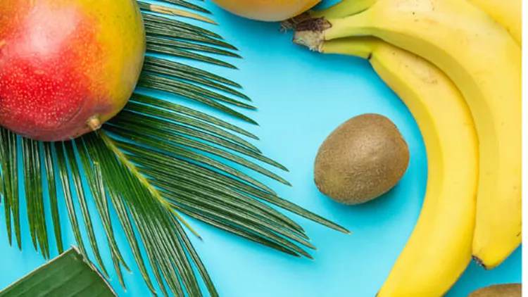 ripe-juicy-mango-halved-papaya-coconut-kiwi-bananas-on-large-palm-on-picture-id932241486