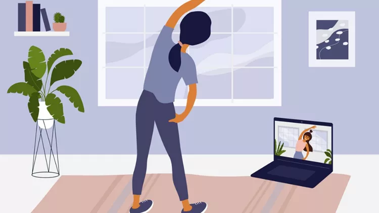 girl-watching-online-classes-on-laptop-and-doing-workout-at-home-vector-id1256291769