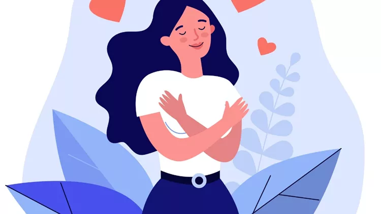 happy-woman-hugging-herself-vector-id1217085312
