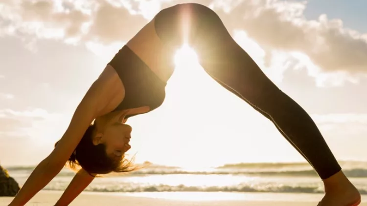 athlete-in-downward-facing-dog-position-on-shore-picture-id628497814